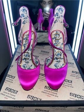 Gucci Satin Fuchsia Slingback Pumps with Floral Insole